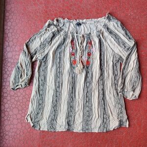 Hannah Embroidered Peasant Blouse L Boho Gauzy Flowy Peasant Tassels Lightweight